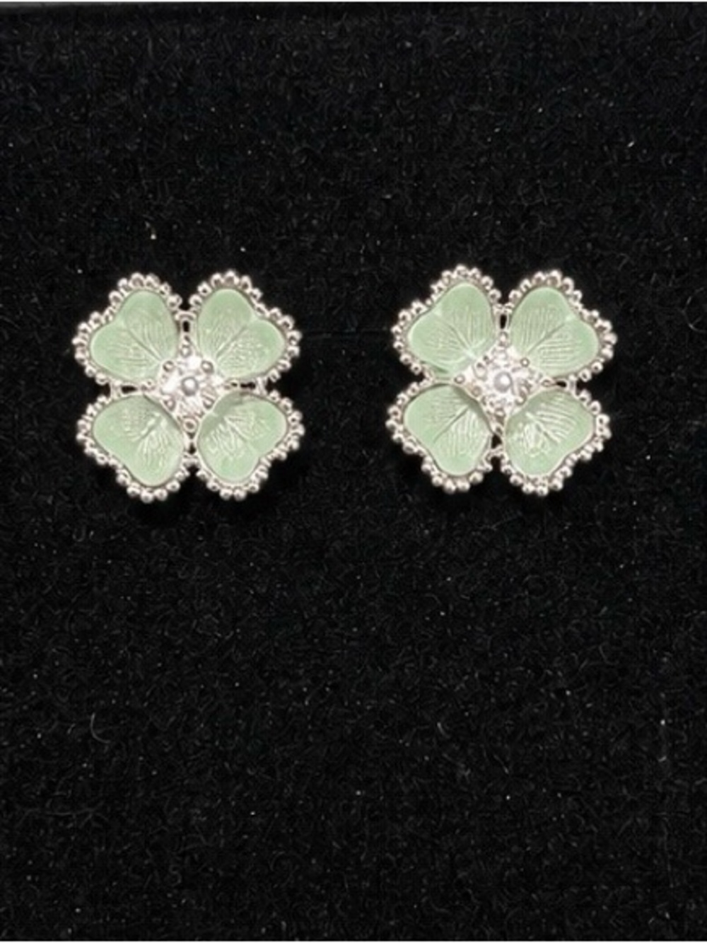 Silver Four-Leaf Flower Stud Earrings in Mint Green